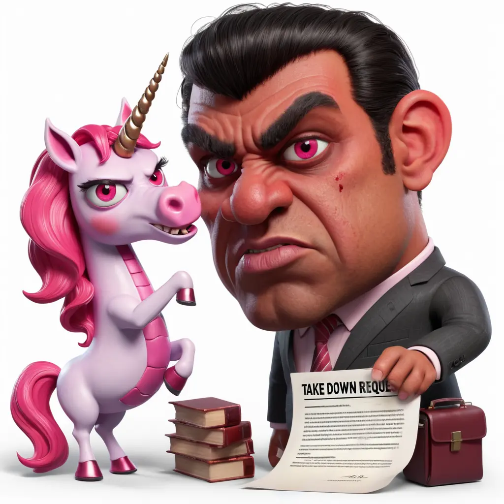 A lawyer conspiring with a unicorn to issue a takedown notice.