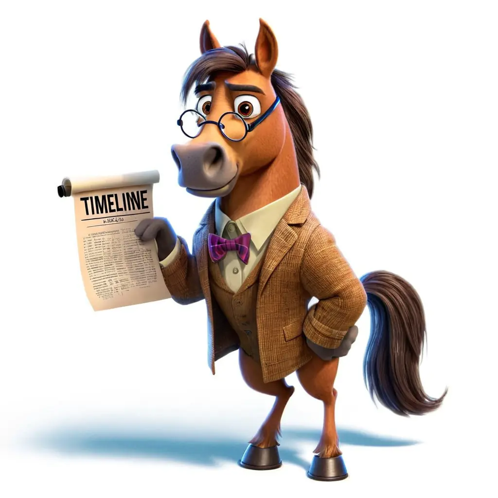 A smart horse holding a timeline scroll.